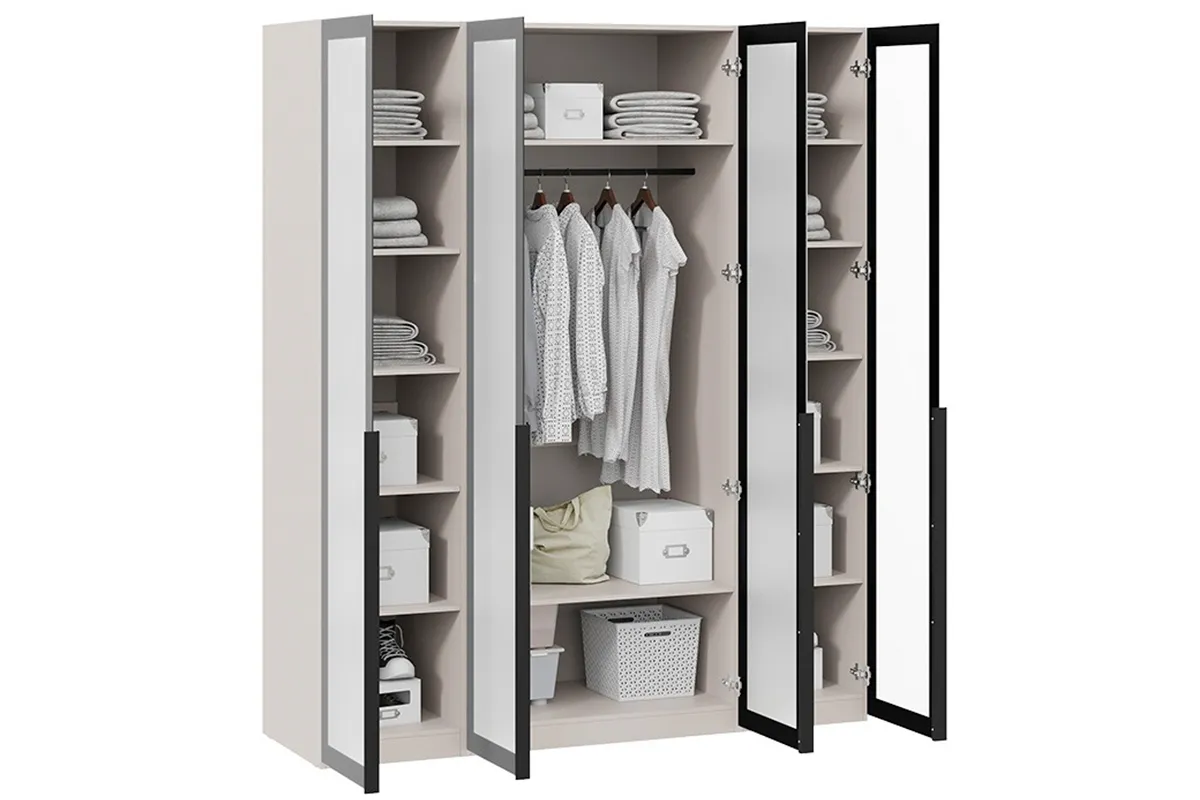 Шкаф для одежды Порто СМ-393.07.116 (580) с 2 глухими и 2 стеклянными дверями (Кашемир матовый / Кашемир сатин / Графит / Стекло сатин черное) в мебель-центре Озерцо