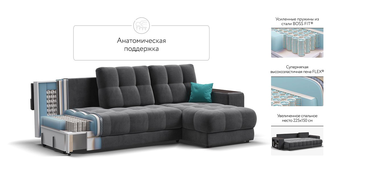 Угловой диван BOSS 3.0 XL велюр Monolit серый — купить в Озерце