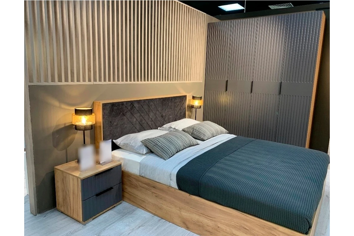 Кровать Хилтон универсальная с ПМ Тип 1 160х200 (Дуб Крафт золотой/Велюр серый) - купить в Озерце