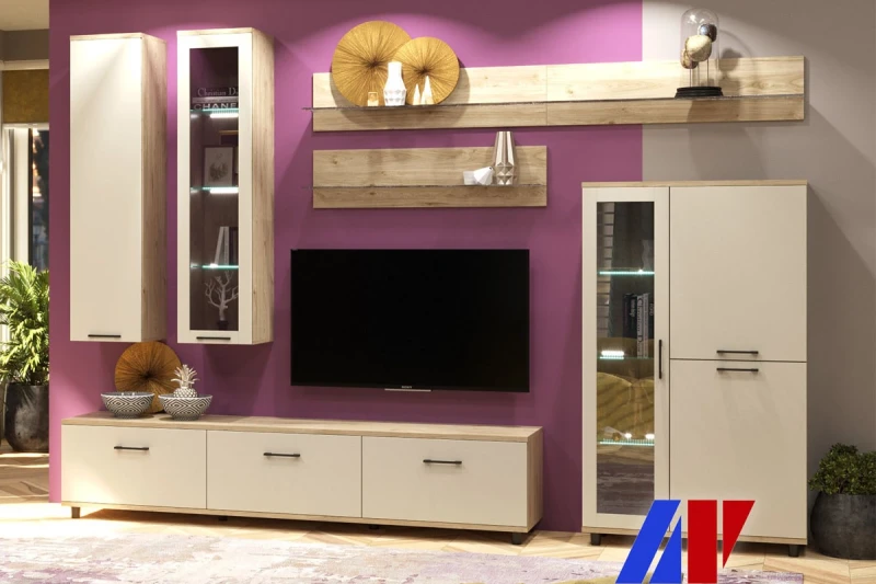 Гостиная Грейс комплект 8 (Гикори Джексон Светлый/Кашемир Матовый) — Мебель-центр Озерцо