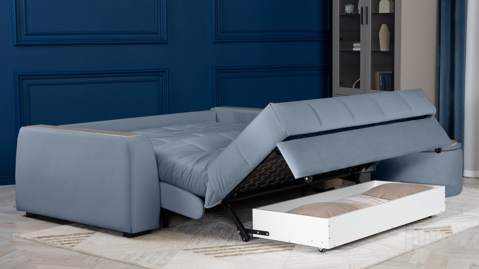 Диван - кровать Domo Pro с накладкой цвета ясень, стежка квадрат, ткань Casanova Ice 180x216 — в мебель-центре Озерцо