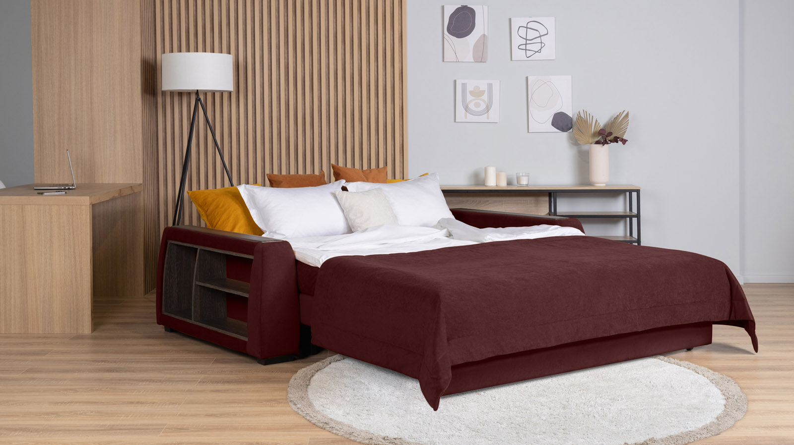 Диван - кровать Domo Pro с полками цвета венге, стежка квадрат, ткань Sky Velvet 32 160x216 — в мебель-центре Озерцо