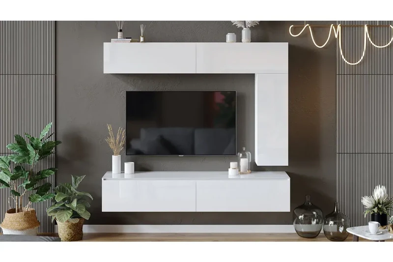 Модульная гостиная Глосс №3 (Белый глянец/Стекло/Белый глянец) — Мебель-центр Озерцо