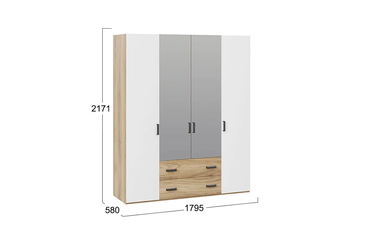 Шкаф комбинированный с ящ. с 2 глух. и 2 зерк. дв. Рико СМ-340.07.444 (Яблоня Беллуно/Белый глянец) в мебель-центре Озерцо