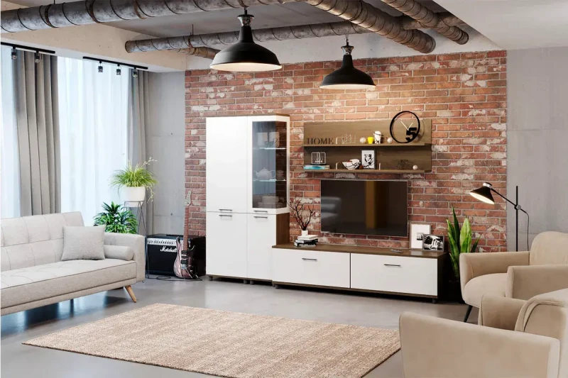 Гостиная Грейс комплект 2 (Гикори Джексон Темный/Белый Бриллиант Глянцевый) — Мебель-центр Озерцо