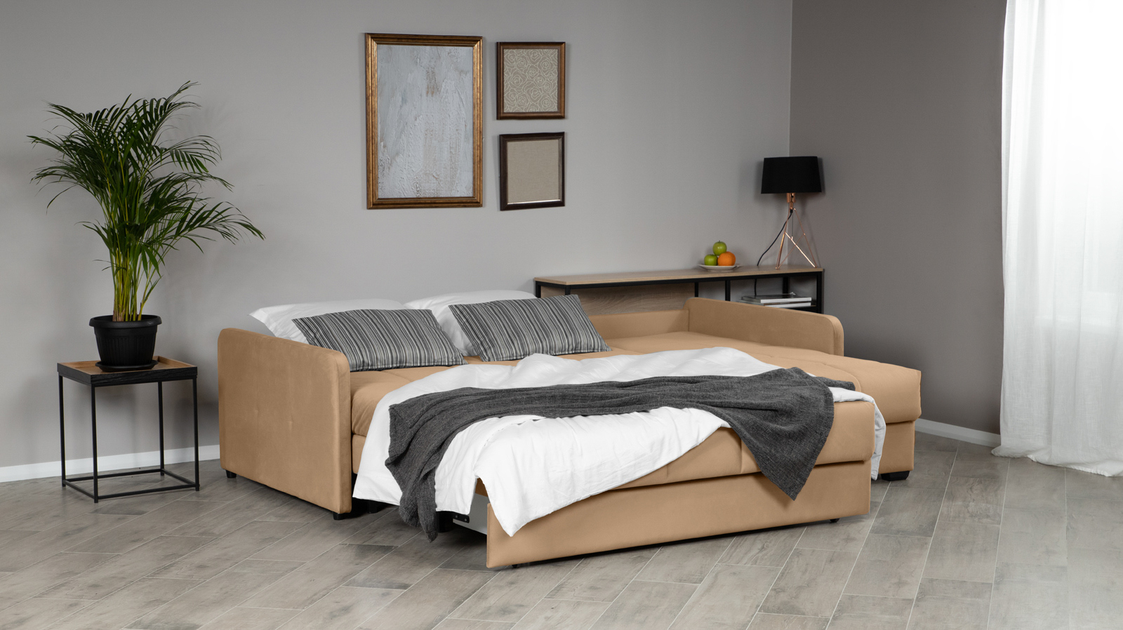 Диван угловой Domo Pro с узкими подлокотниками, стежка квадрат, ткань Casanova Beige 160x216 — купить в Озерце