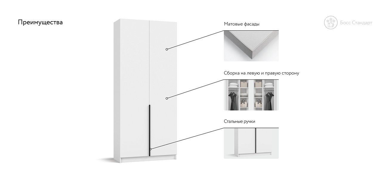 Босс Стандарт 90*220 шкаф распашной 2Д 01 Белый в мебель-центре Озерцо