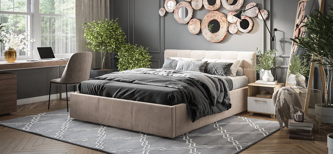 Белла Кровать+ПМ 160*200 Велюр Монолит латте - купить в Озерце