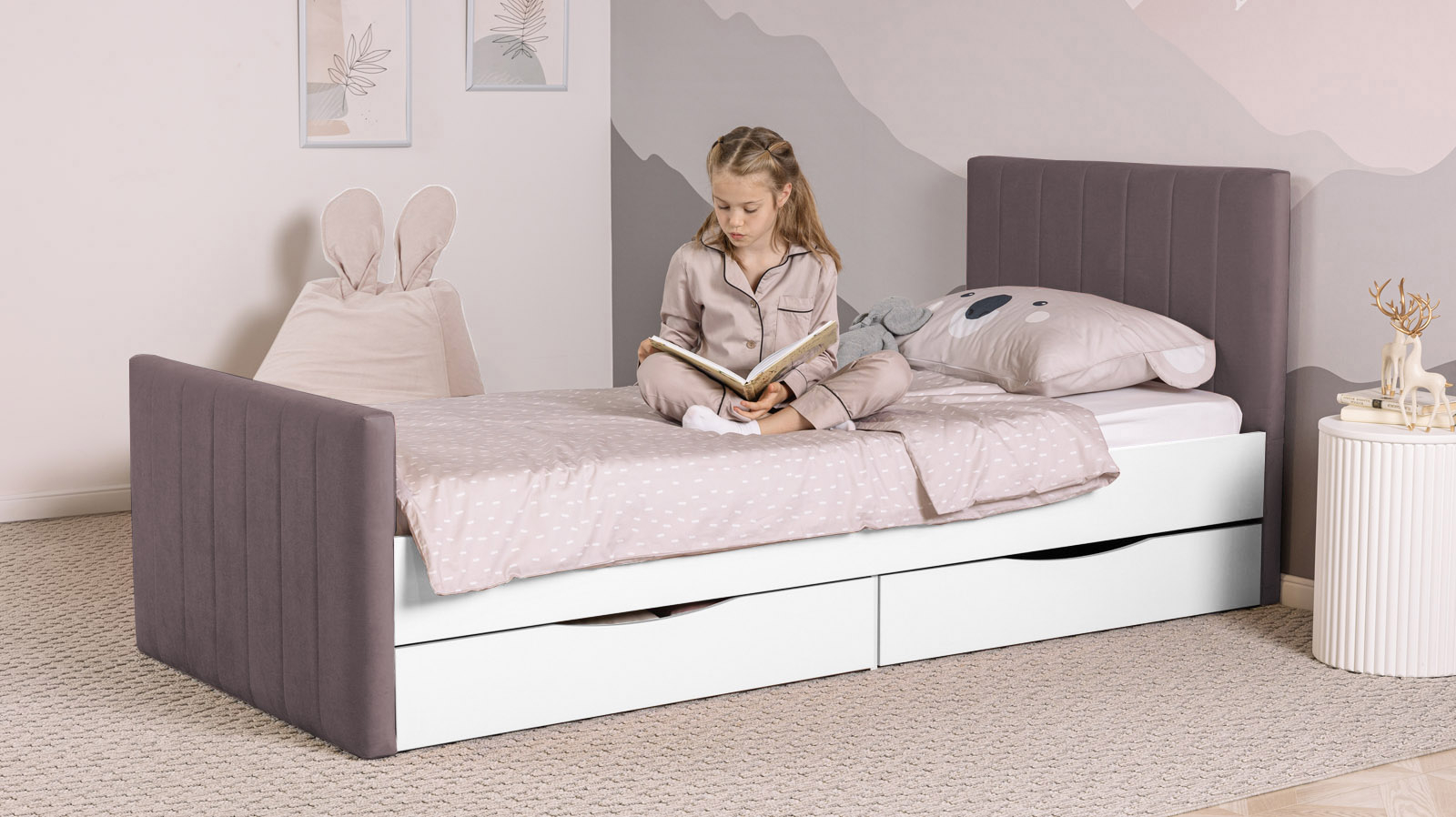 Кровать подростковая Olly, цвет: Белый базовый, Тк. Casanova Lilac 90x190 — Мебель-центр Озерцо