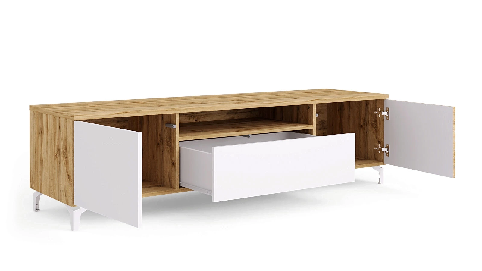 Тумба под ТВ двухдверная с ящиком Stefania, цвет: Дуб Натюрель + Белый Премиум — купить в Озерце