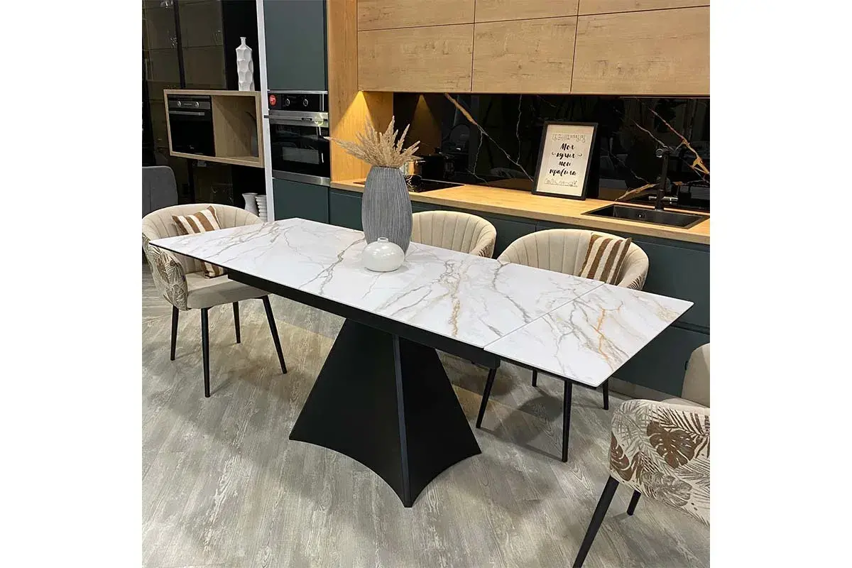 Стол обеденный Шанти 1400(2000) (Керамика с желтыми прожилками 170107 / МДФ Черный кварц / рама черная / металл черный - купить в Озерце