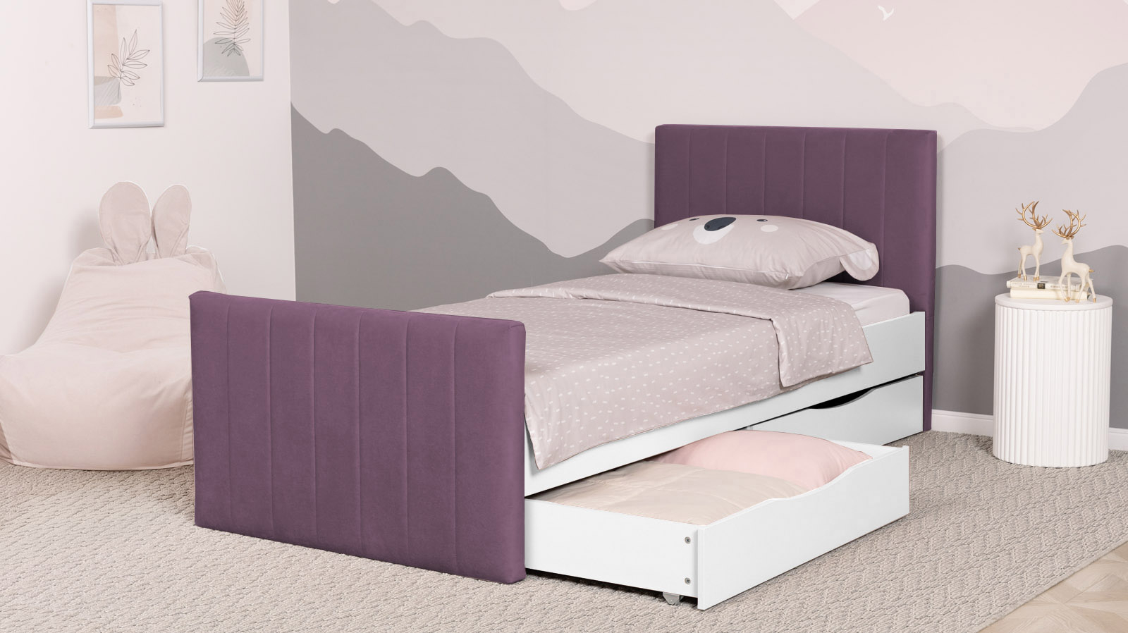 Кровать подростковая Olly, цвет: Белый базовый, Тк. Sky Velvet 10 90x200 — Мебель-центр Озерцо