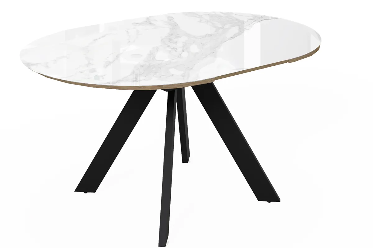 Стол обеденный Бонжур d 1000(вставка 400/Бабочка) (Стекло Оптивайт с фотопечатью Белый Мрамор/МДФ Белый/Черная/Металл черный) - купить в Озерце