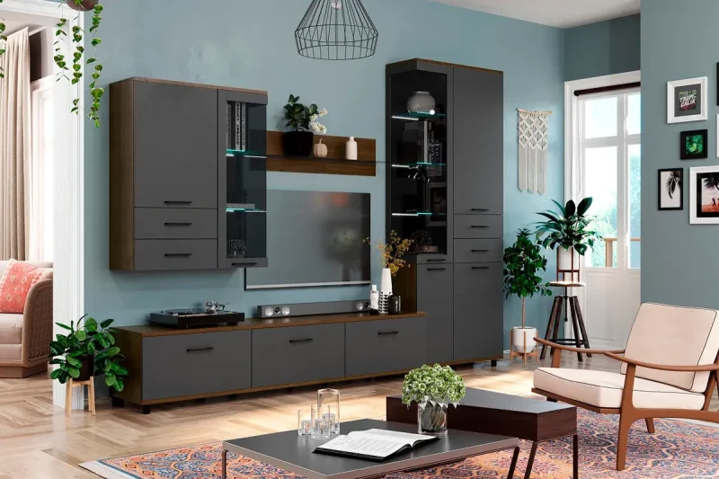 Гостиная Грейс комплект 11 (Гикори Джексон темный/Антрацит Матовый) — Мебель-центр Озерцо