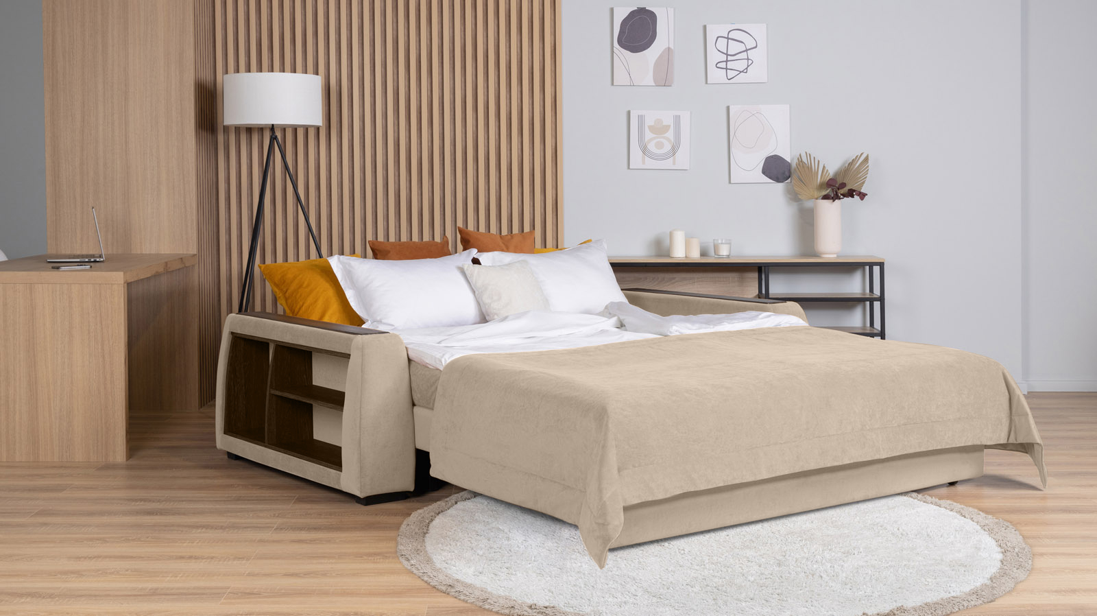 Диван - кровать Domo Pro с полками цвета венге, стежка квадрат, ткань Casanova Milk 180x216 — в мебель-центре Озерцо