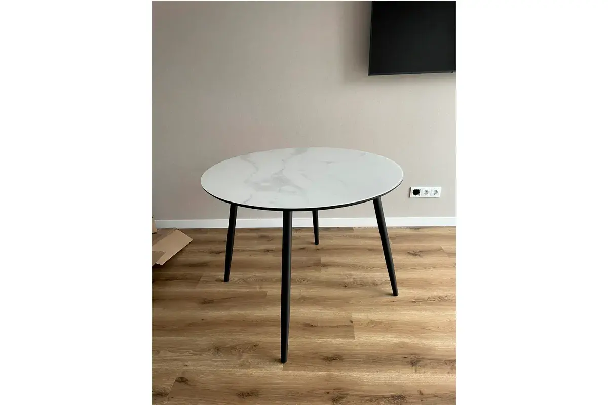 Стол обеденный Милтон 1000 (Стекло с фотопечатью Белый мрамор / МДФ Черный кварц / Металл Черный) - купить в Озерце