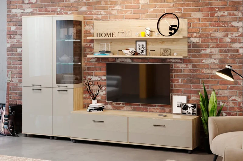 Гостиная Грейс комплект 2 (Гикори Джексон Светлый/Кашемир Глянцевый) — Мебель-центр Озерцо