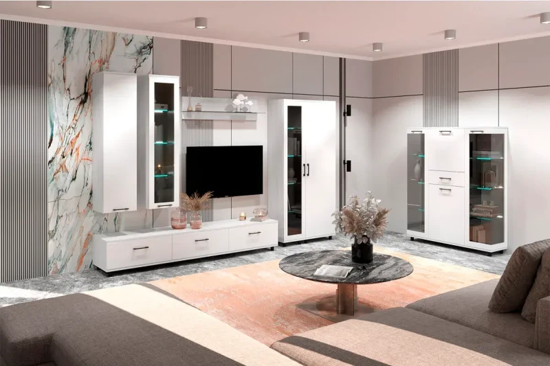 Гостиная Грейс комплект 4 (Снежный Ясень/Белый Бриллиант Глянцевый) — Мебель-центр Озерцо