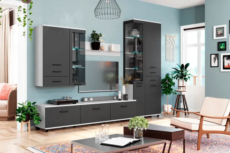 Гостиная Грейс комплект 11 (Снежный Ясень/Антрацит Матовый) — Мебель-центр Озерцо