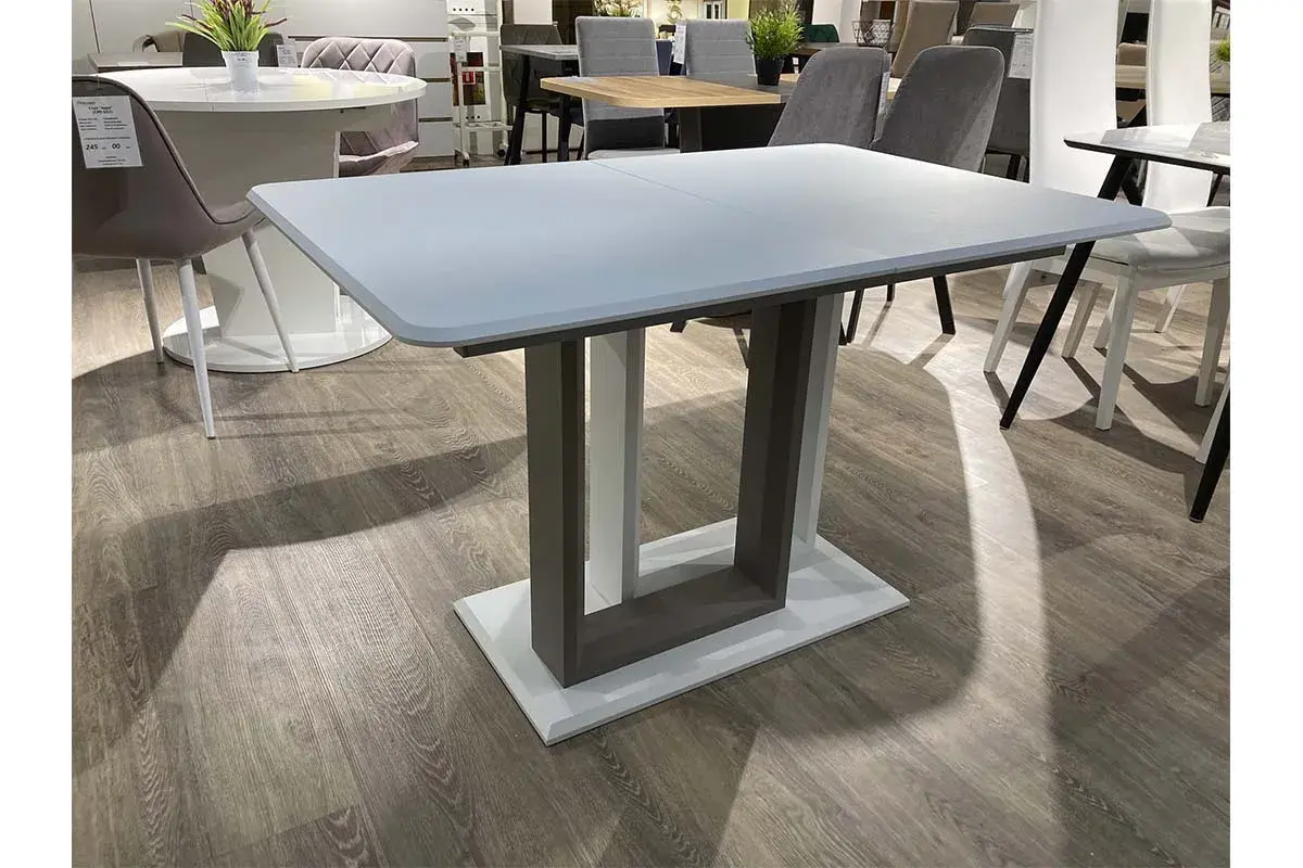 Стол обеденный Тетрис 1200(1600) (Белая шагрень / рама серая / 1 нога - белая шагрень, 2 нога - грей / Белая шагрень) - купить в Озерце
