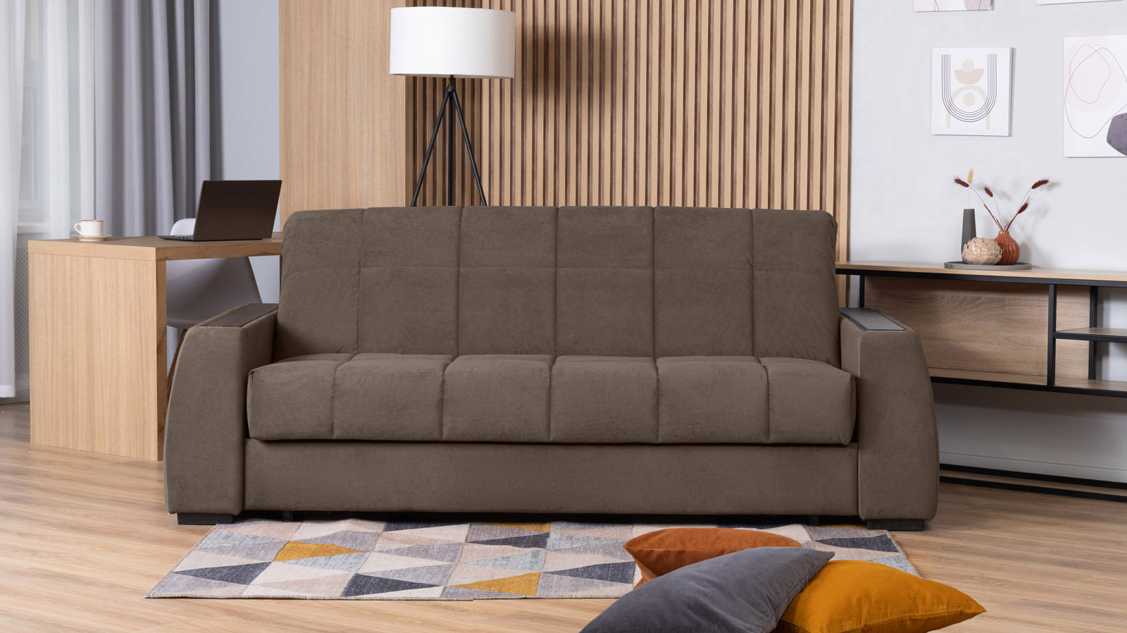 Диван - кровать Domo Pro с полками цвета венге, стежка квадрат, ткань Sky Velvet 02 140x216 — в мебель-центре Озерцо