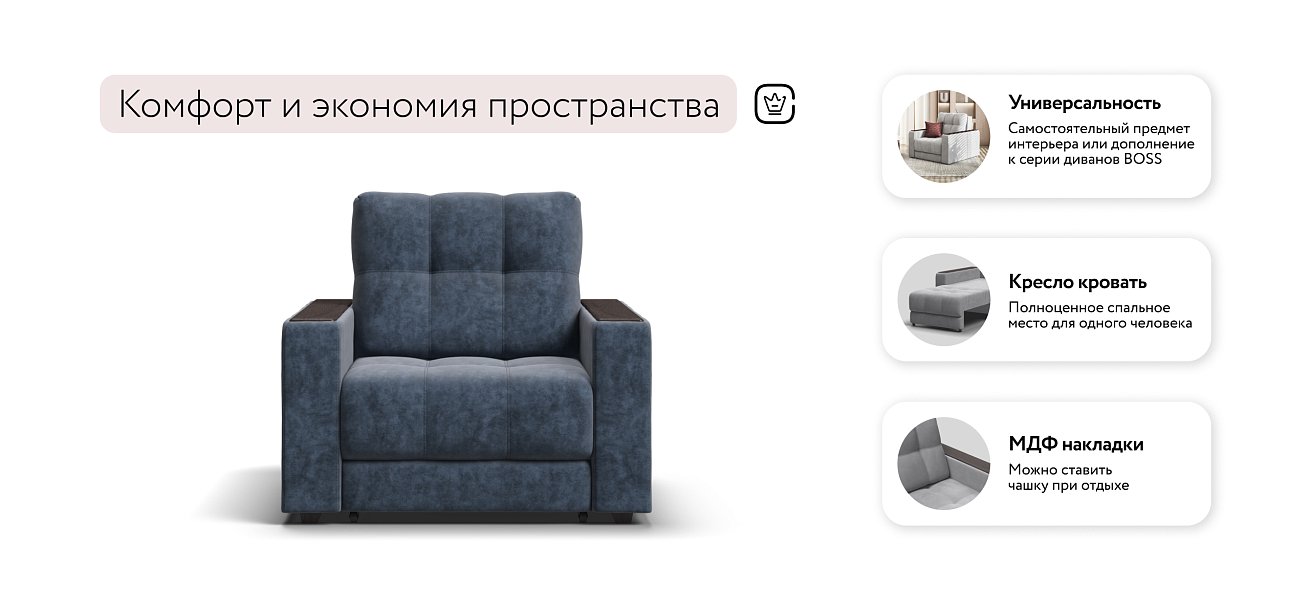 Босс кресло-кровать Велюр Роял синий — купить в Озерце