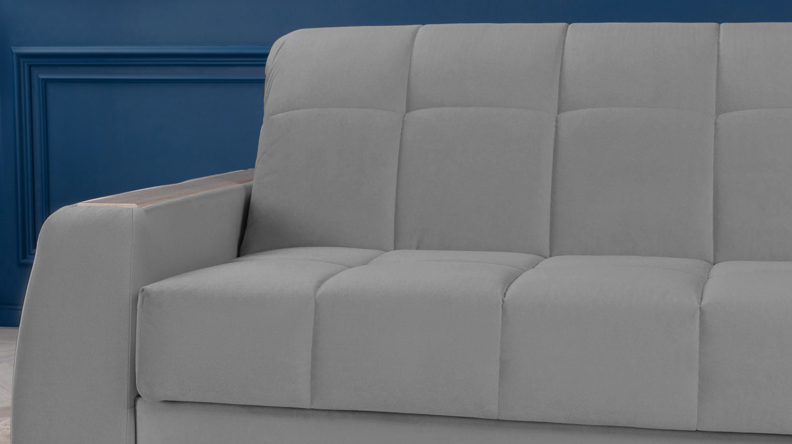 Диван угловой Domo Pro с накладкой цвета ясень, стежка квадрат, ткань Sky Velvet 08 140x216 — купить в Озерце