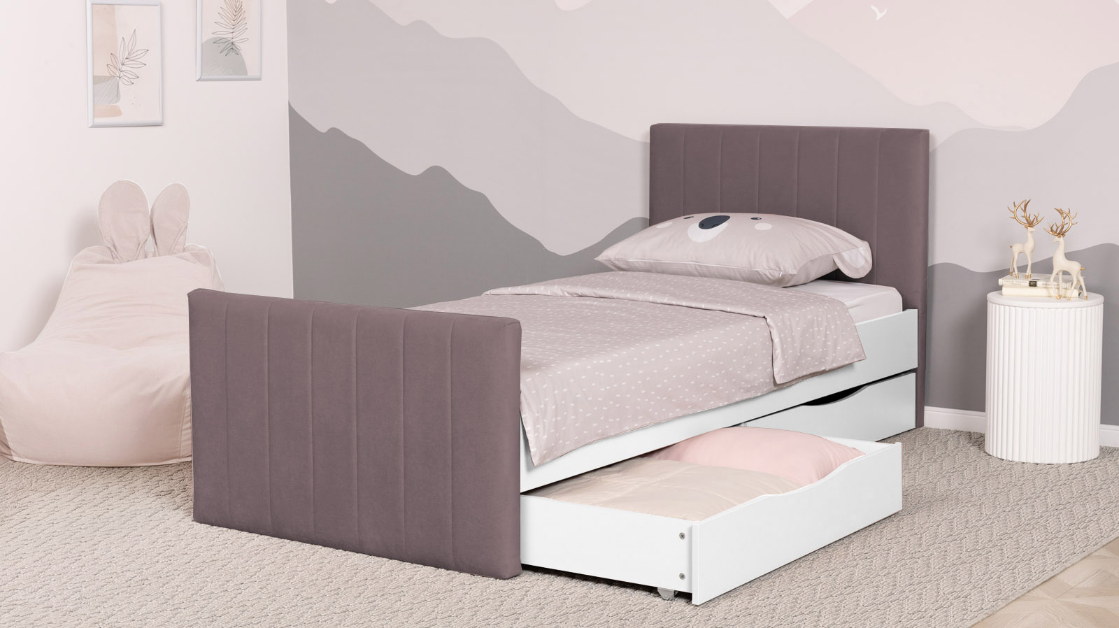 Кровать подростковая Olly, цвет: Белый базовый, Тк. Casanova Lilac 90x190 — Мебель-центр Озерцо
