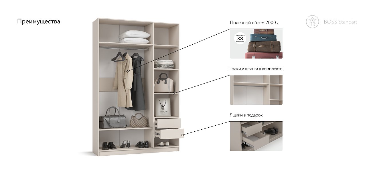 Шкаф BOSS STANDART 150 - 3Д Кашемир серый в мебель-центре Озерцо