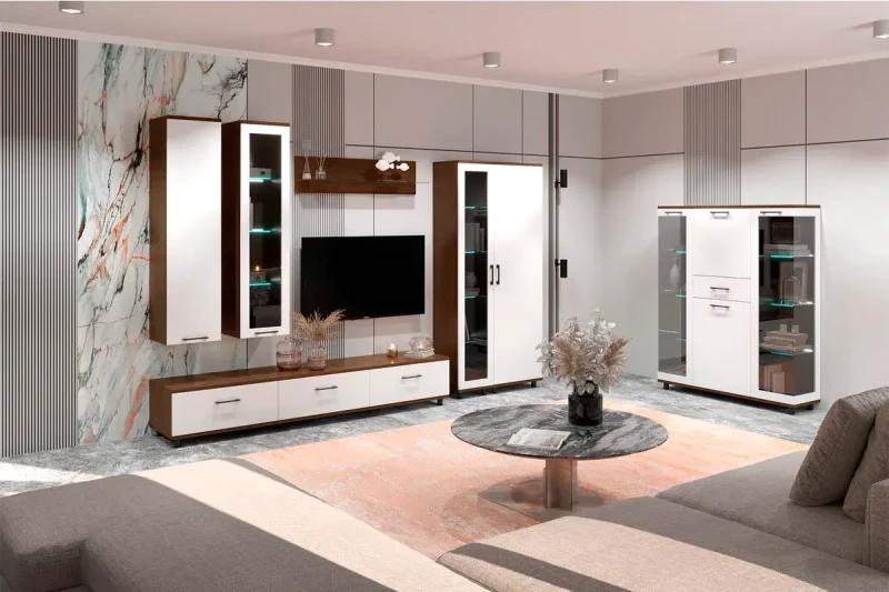 Гостиная Грейс комплект 4 (Гикори Джексон Темный/Белый Бриллиант Глянцевый) — Мебель-центр Озерцо