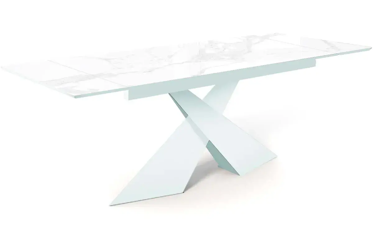 Стол обеденный Марвел 1600(2200) (Стекло с фотопечатью Белый мрамор / МДФ Белая шагрень / рама белая / металл белый) - купить в Озерце