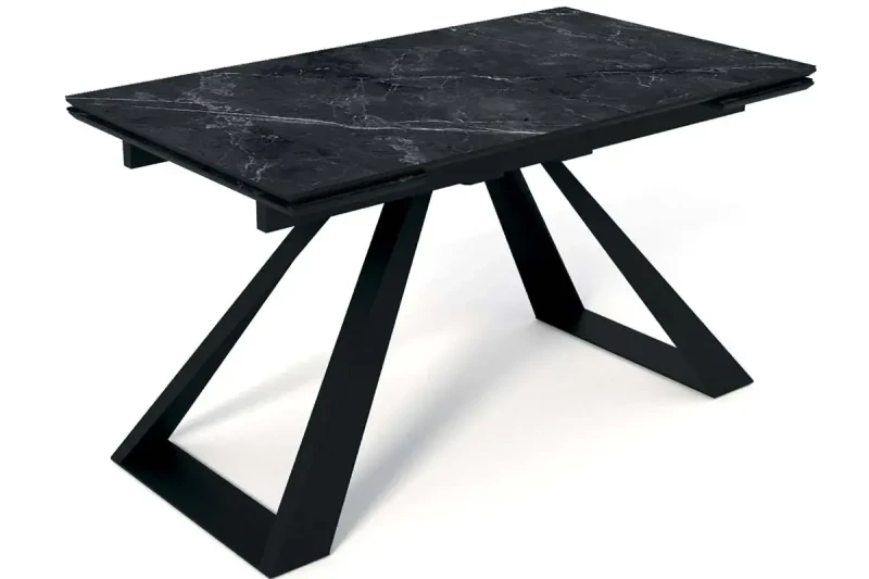 Стол обеденный Старк 1600(2200) (Стекло с фотопечатью Черный мрамор / МДФ Черный кварц / рама черная / металл черный) - купить в Озерце