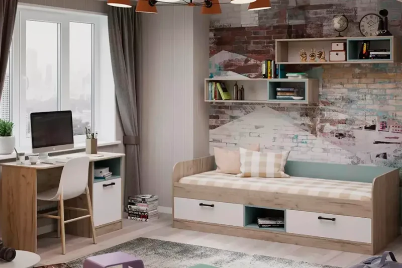 Набор детской мебели Оливер №1 (Дуб Крафт серый/ Белый /Серо-голубой) — Мебель-центр Озерцо