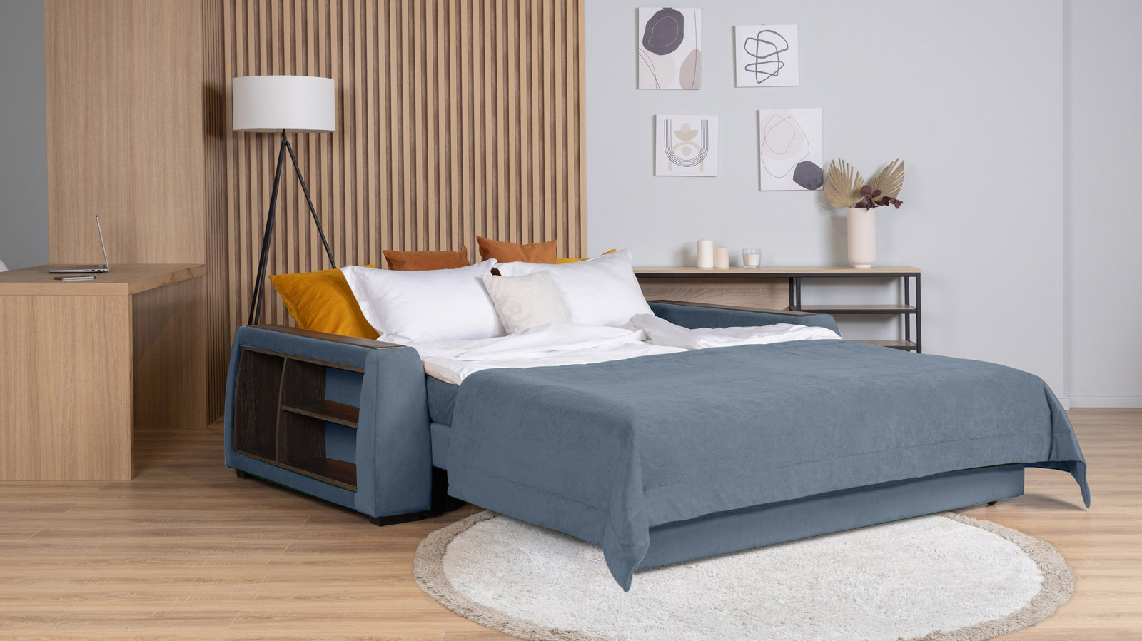 Диван - кровать Domo Pro с полками цвета венге, стежка квадрат, ткань Casanova Ice 180x216 — в мебель-центре Озерцо