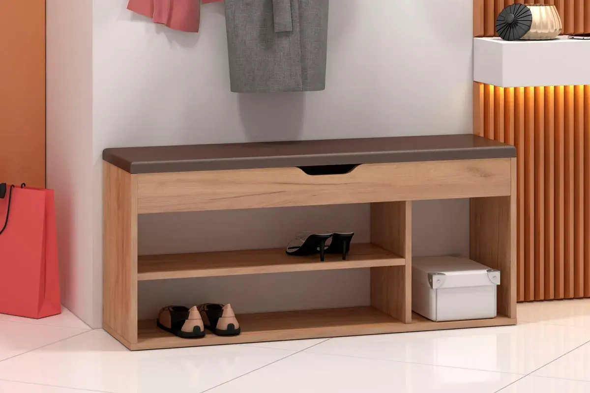 Тумба для обуви Лаки Тип 3 (Дуб Крафт Золотой/Экокожа Коричневая) — Мебель-центр Озерцо