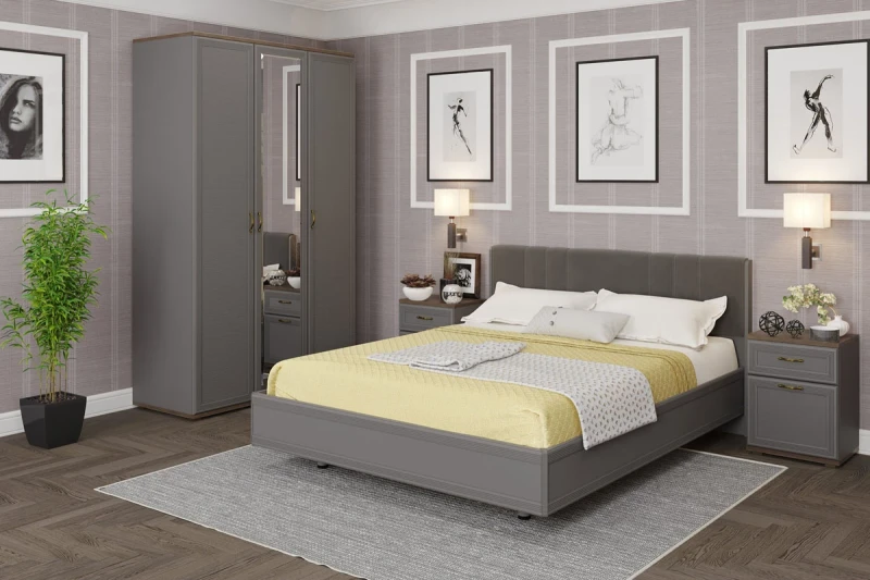 Готовый комплект для спальни СК-1016-ГТ-СО-В (Гикори Джексон Темный/Серый Оникс/Велюр) - купить в Озерце