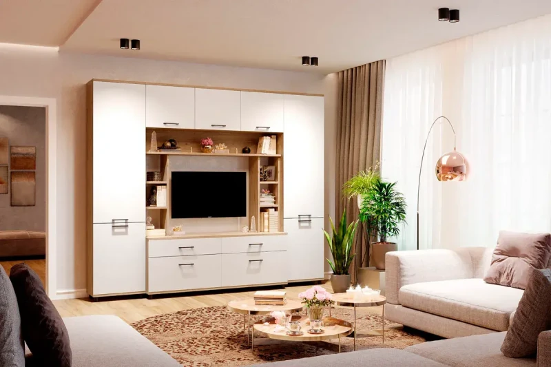 Гостиная Грейс комплект 7 (Гикори Джексон Светлый/Белый Бриллиант Глянцевый) — Мебель-центр Озерцо