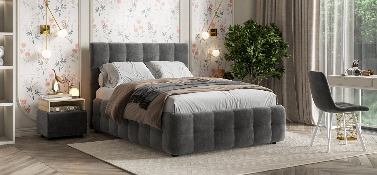 Босс Кровать+ПМ 140*200 Велюр Монолит серый - купить в Озерце