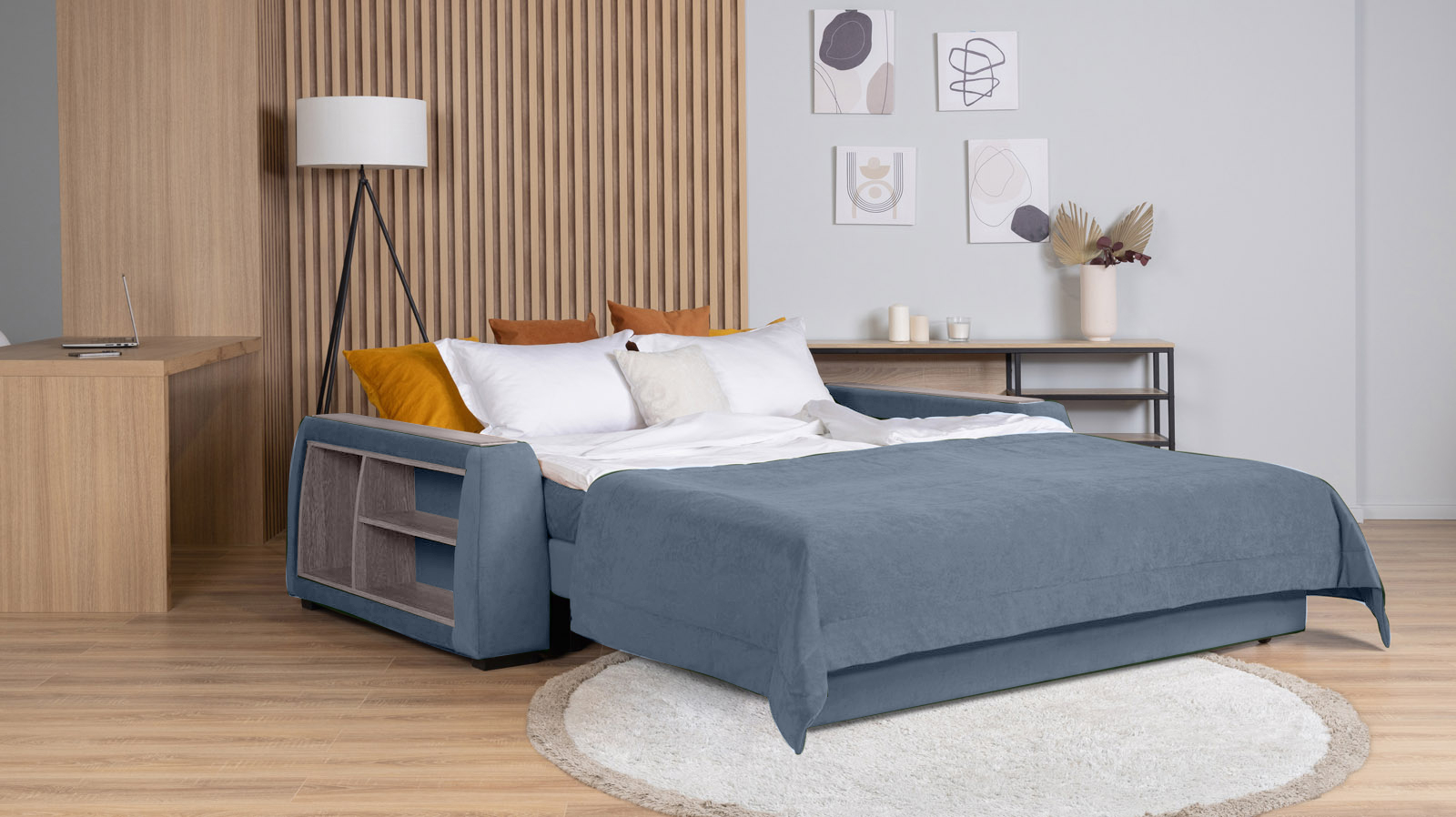 Диван - кровать Domo Pro с полками цвета ясень, стежка квадрат, ткань Casanova Ice 160x216 — в мебель-центре Озерцо