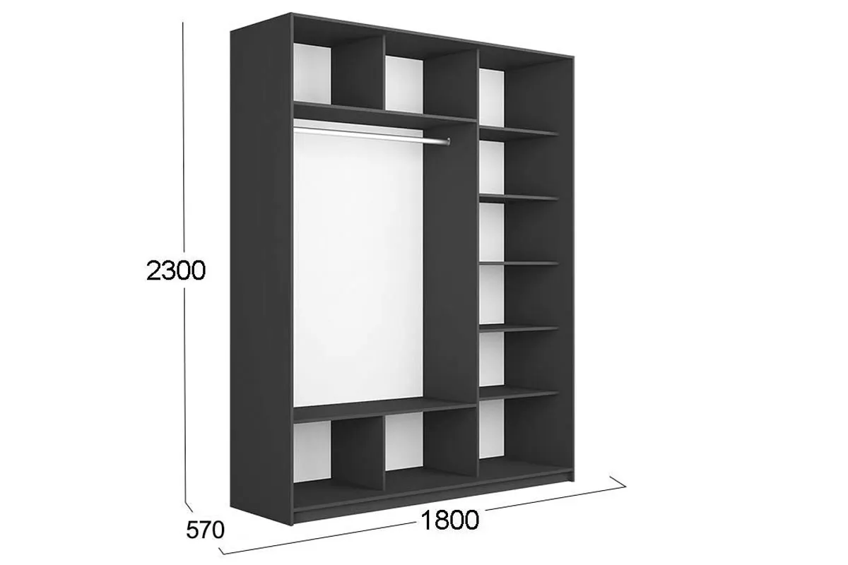 Шкаф-купе 3-х дверный Траст СШК 2.180.60-15.13.15 (1800x570x2300) (Серый диамант/Стекло черный глянец/Зеркало/Стекло черный глянец) в мебель-центре Озерцо
