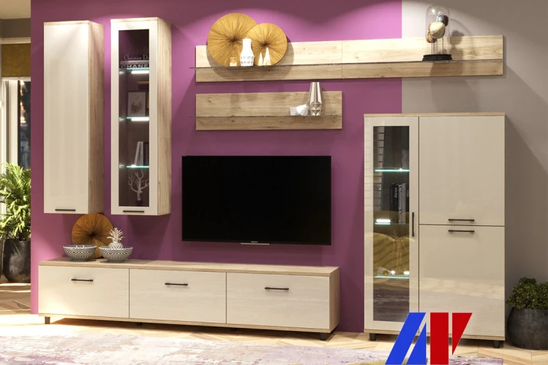 Гостиная Грейс комплект 8 (Гикори Джексон Светлый/Кашемир Глянцевый) — Мебель-центр Озерцо