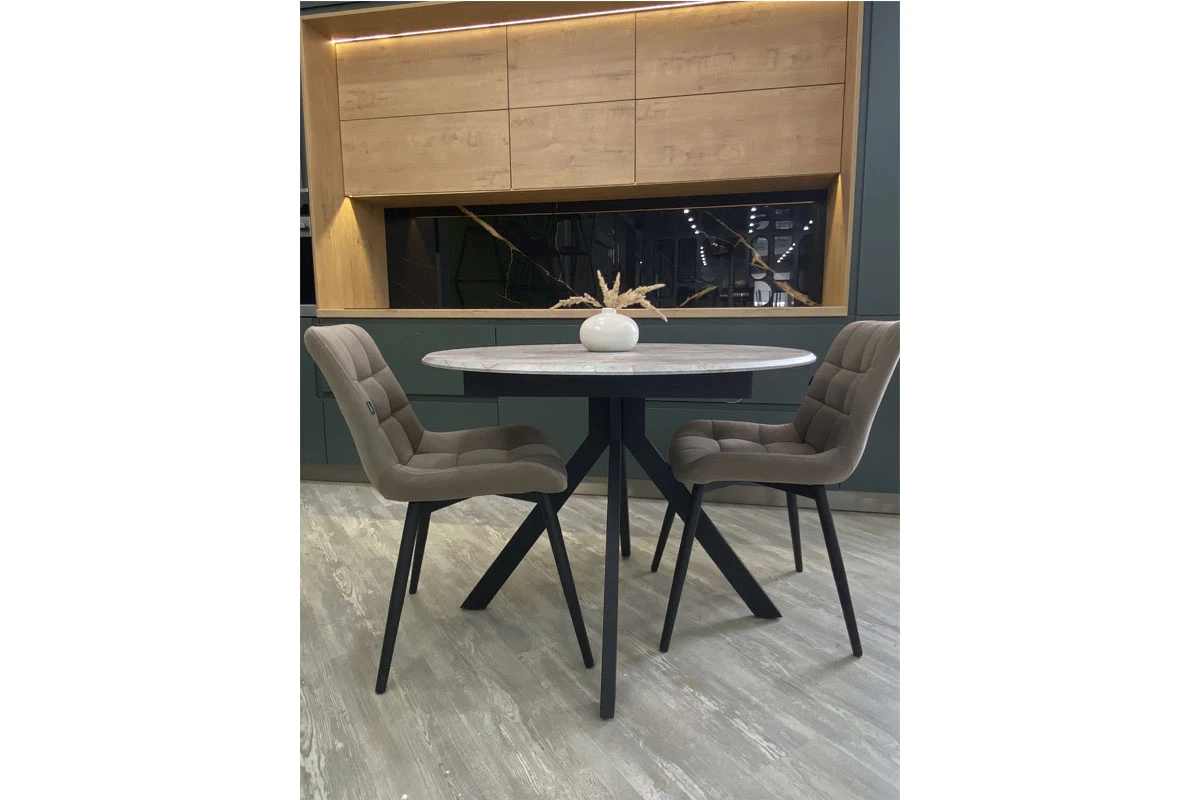 Стол обеденный Москва (d 1000/вставка 400/Бабочка/МДФ Византийский Мрамор/Металл черный) - купить в Озерце