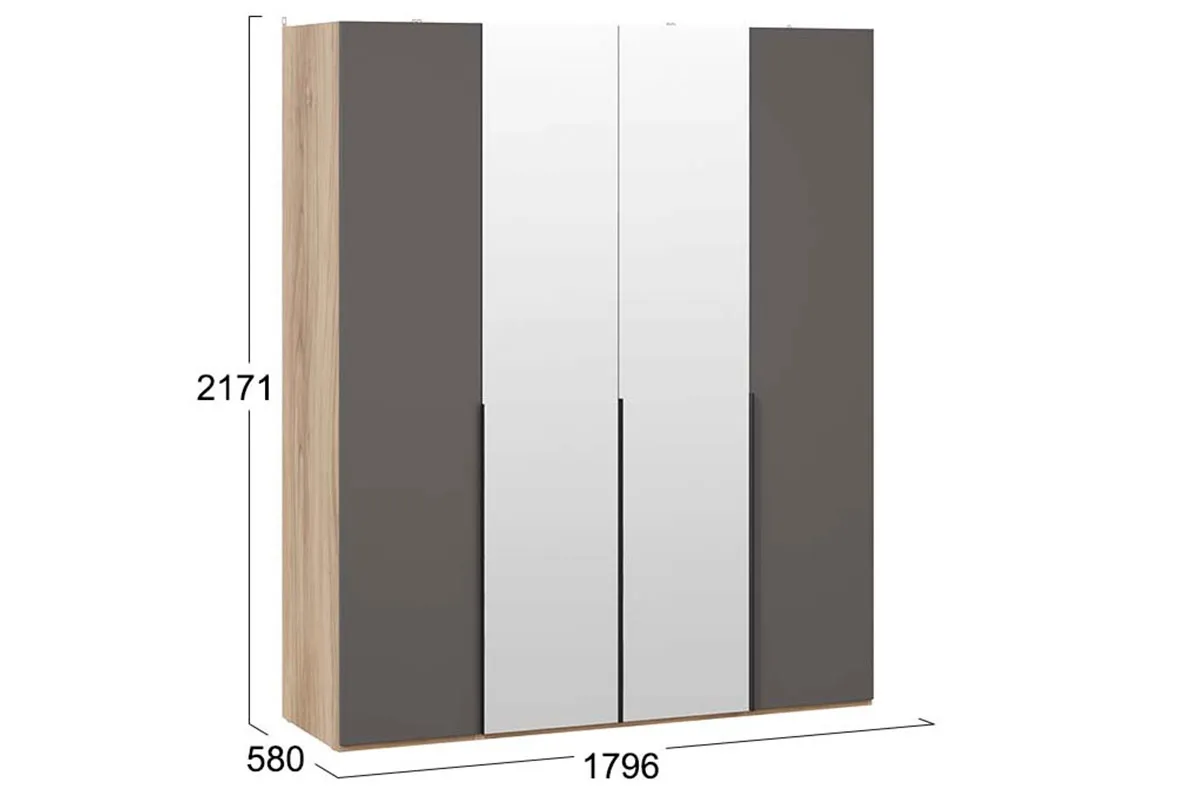 Шкаф для одежды Порто СМ-393.07.108 (580) с 2 глухими и 2 зеркальными дверями (Яблоня Беллуно/Графит софт) в мебель-центре Озерцо