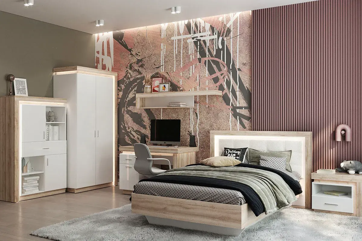 Кровать Люмен 26 с ПМ 120х200 (Дуб сакраменто/Белый снег) - купить в Озерце