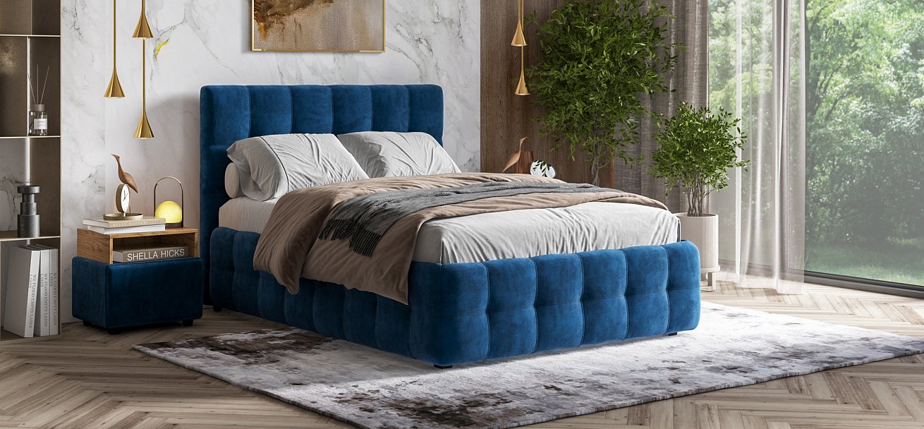 Босс Кровать+ПМ 140*200 Велюр Монолит синий - купить в Озерце