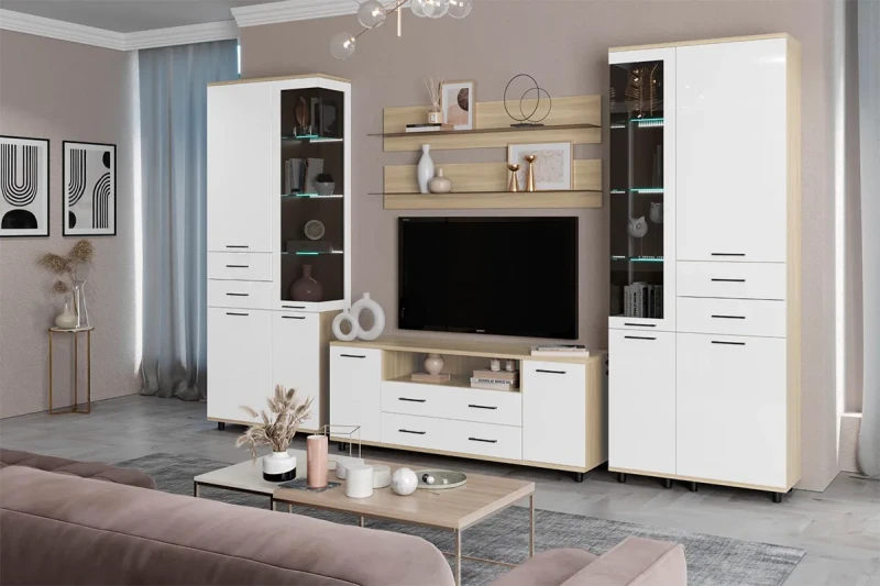 Гостиная Грейс комплект 12 (Ясень Асахи/Белый Бриллиант Глянцевый) — Мебель-центр Озерцо