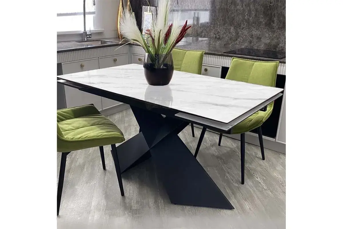 Стол обеденный Марвел 1600(2200) (Керамика 9806035 / МДФ Черный кварц / рама черная / металл черный) - купить в Озерце
