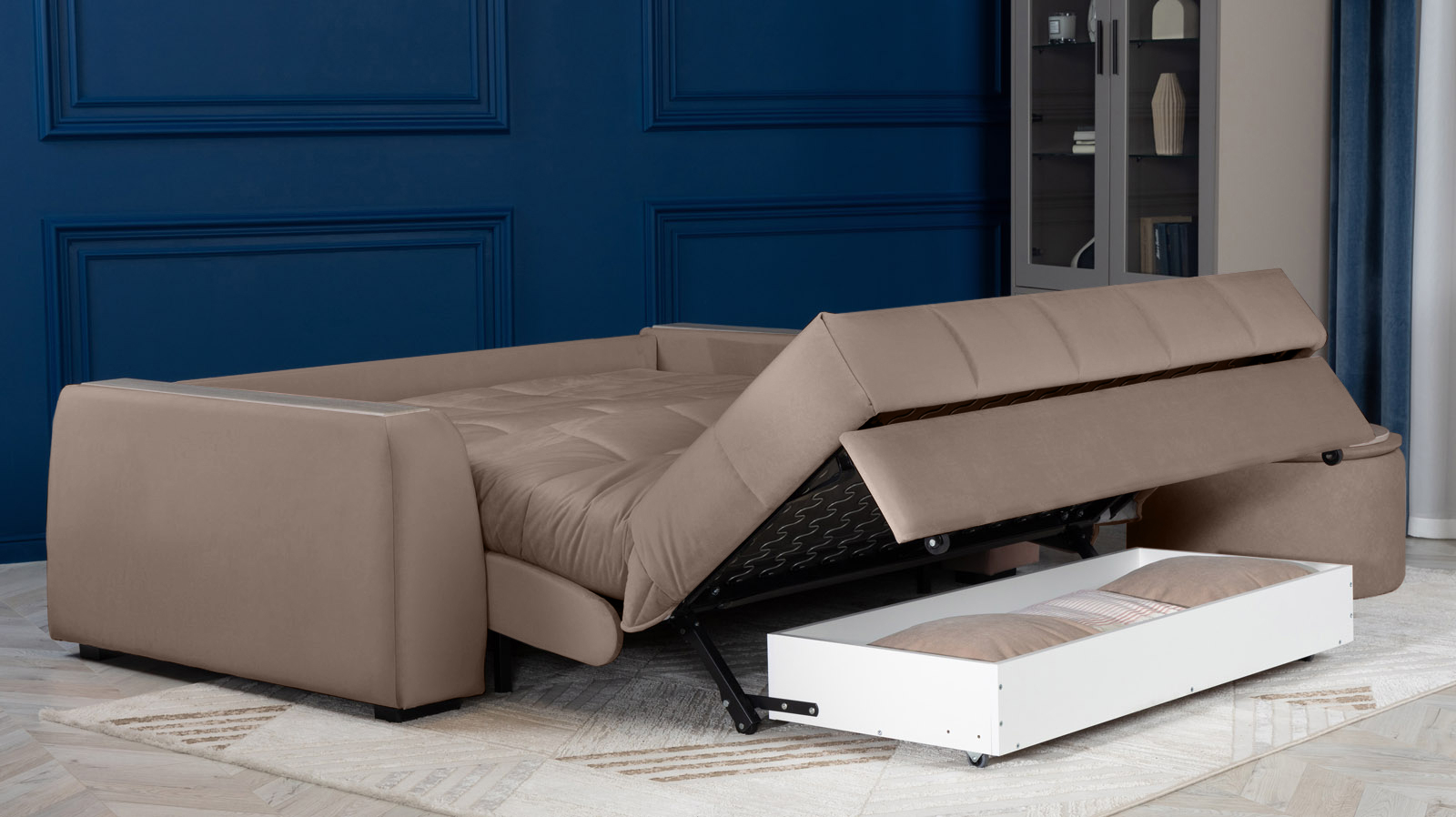 Диван - кровать Domo Pro с накладкой цвета ясень, стежка квадрат, ткань Sky Velvet 17 160x216 — в мебель-центре Озерцо