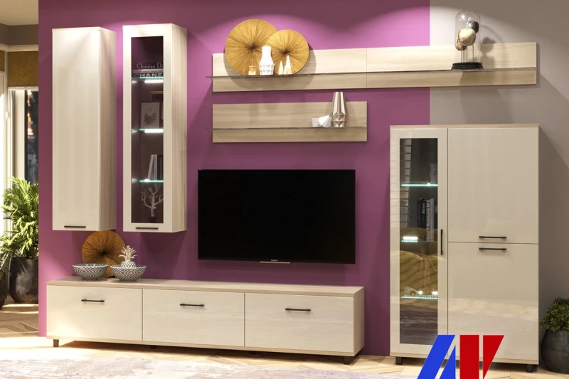 Гостиная Грейс комплект 8 (Ясень Асахи/Кашемир Глянцевый) — Мебель-центр Озерцо