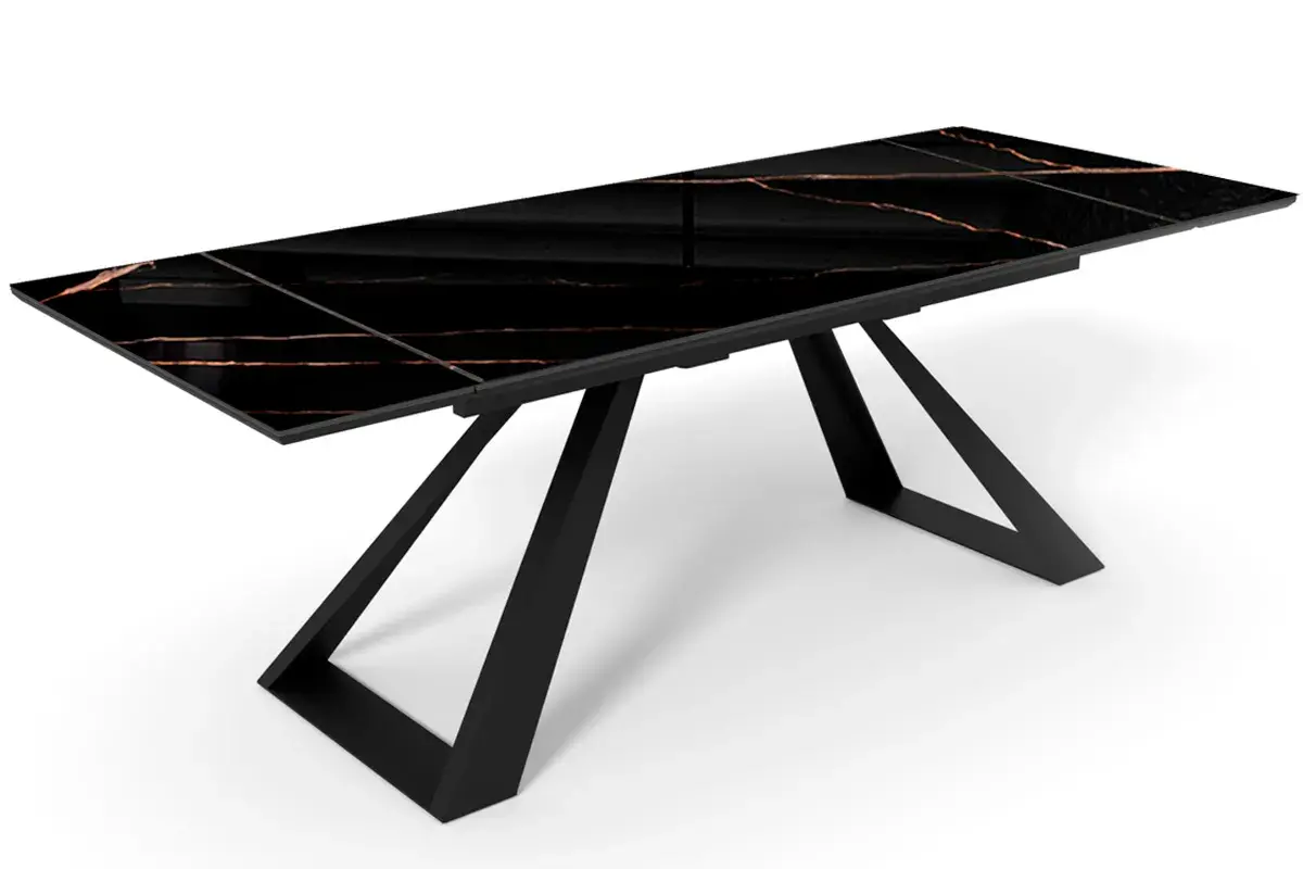 Стол обеденный Старк 1600(2200) (ст.№2 / Стекло с фотопечатью Обсидиан / МДФ Черный кварц / Рама черная / Металл черный) - купить в Озерце